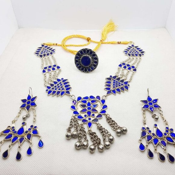 Blue Glass Stones Mala Pendant Necklace With Big Earrings and Ring, Handmade - Picture 7 of 12